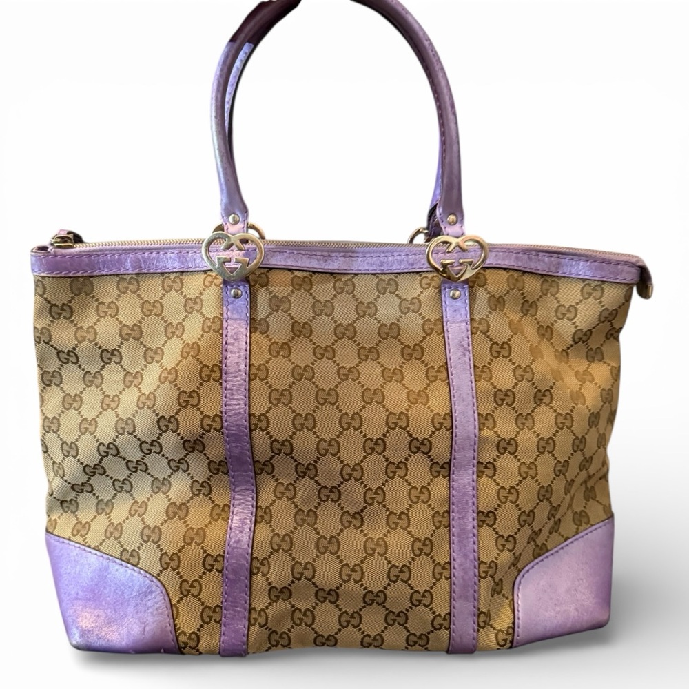 Gucci GG Hearts Beige and Lavender Purple Tote Bag